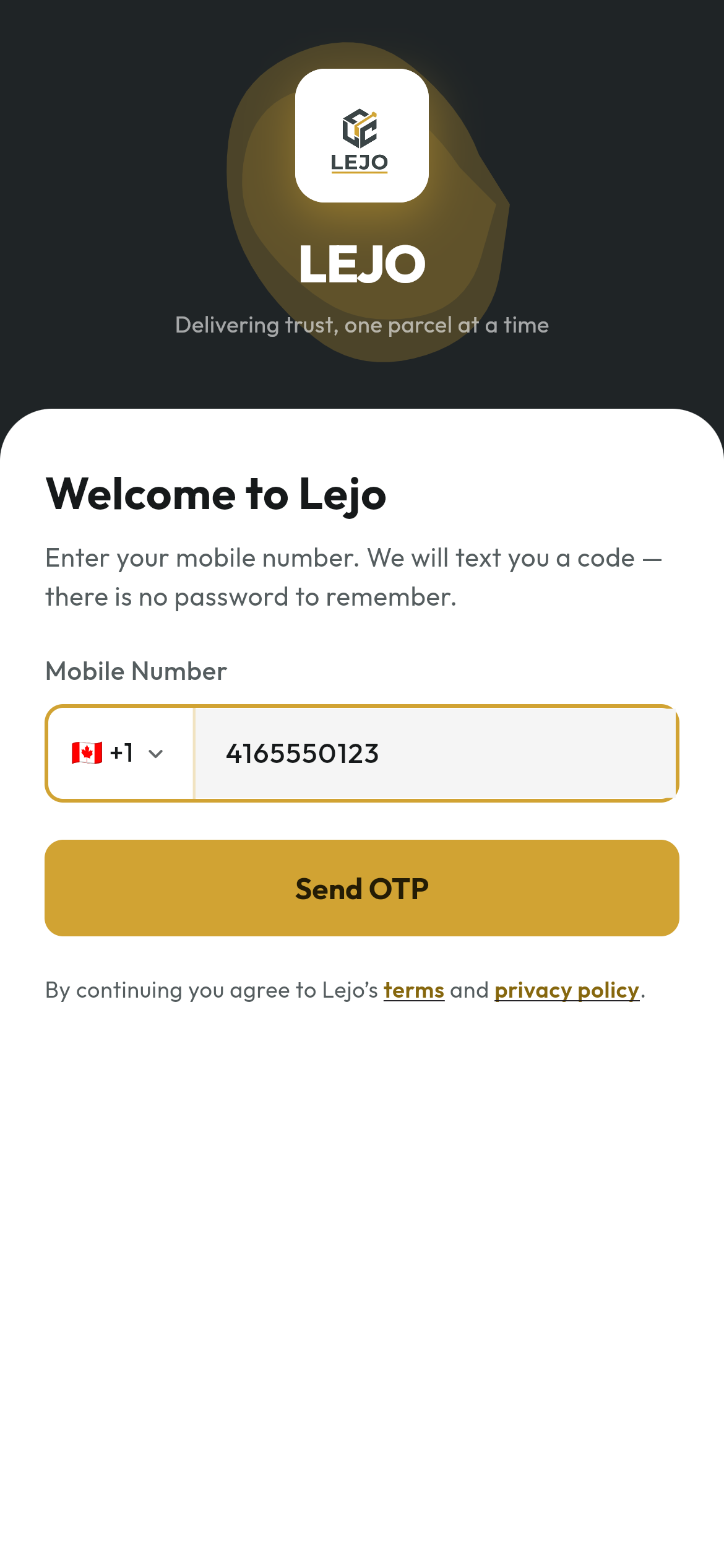 Signing in to Lejo with a mobile number