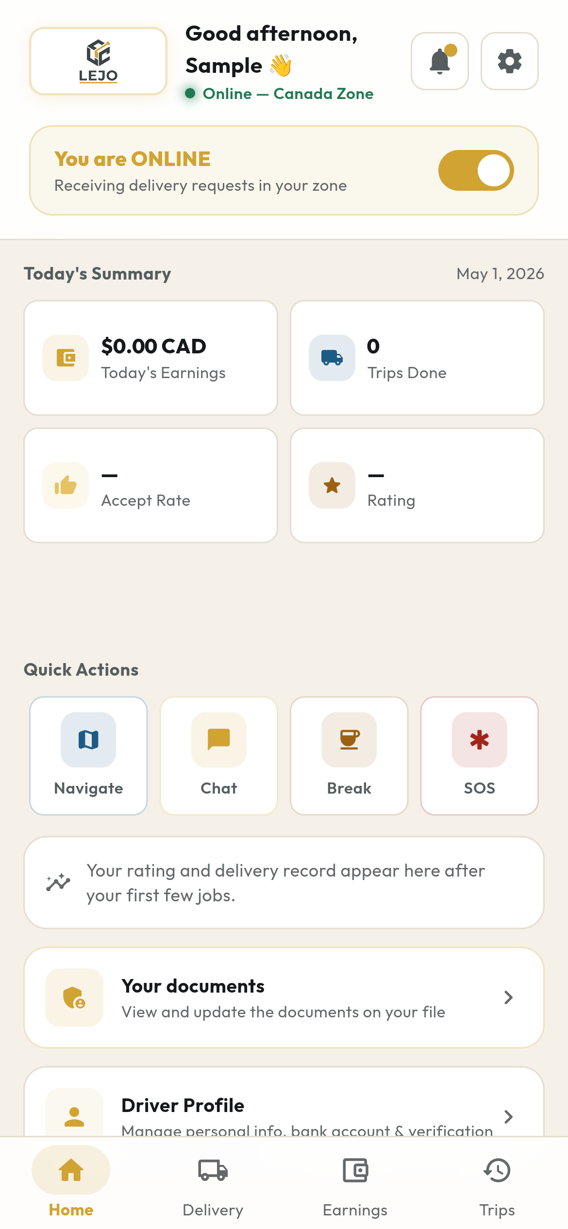 The Lejo driver app, online and waiting for work