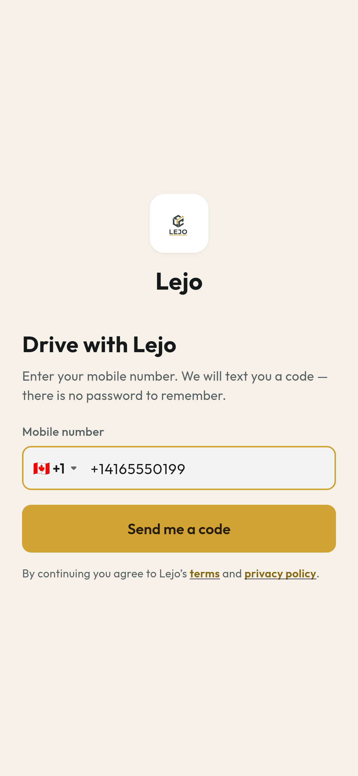 Signing in to the Lejo driver app